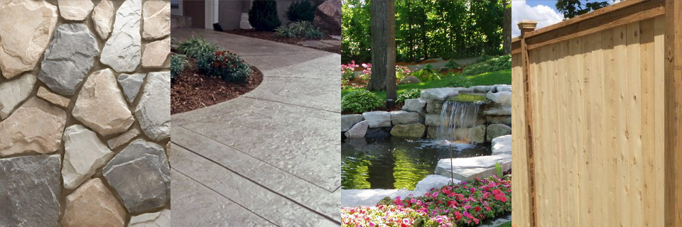 Landscaping stone, concrete, water, wood 